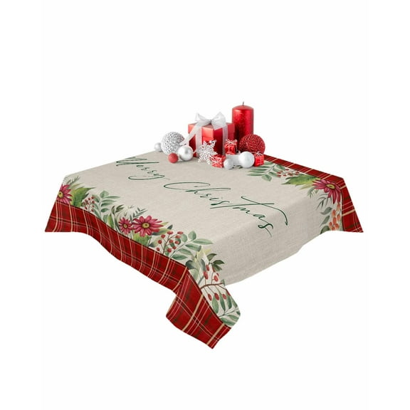 Square Tablecloth 54 x 54 Inches Merry Christmas Winter Flowers Leaves Red Plaids Waterproof & Stain Resistance Table Cloth Decorative Fabric Table Cover for Dinning/Party/Buffet/Banquet