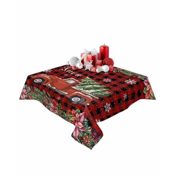 Square Tablecloth 54 x 54 Inches Red Truck Christmas Tree Poinsettia Plaid Waterproof & Stain Resistance Table Cloth Decorative Fabric Table Cover for Dinning/Party/Buffet/Banquet