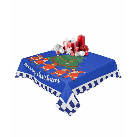 Square Tablecloth 54 x 54 Inches Santa Claus Christmas Tree Blue Waterproof & Stain Resistance Table Cloth Decorative Fabric Table Cover for Dinning/Party/Buffet/Banquet