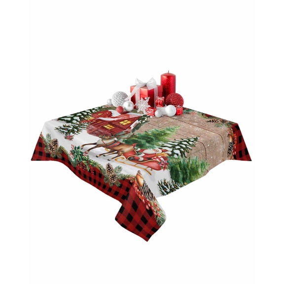 Square Tablecloth 54 x 54 Inches Santa Claus Reindeer Christmas Trees Snowflakes Waterproof & Stain Resistance Table Cloth Decorative Fabric Table Cover for Dinning/Party/Buffet/Banquet