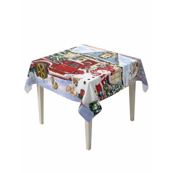 Square Tablecloth 54 x 54 Inches Snowman Winter Christmas Tree Truck Waterproof & Stain Resistance Table Cloth Decorative Fabric Table Cover for Dinning/Party/Buffet/Banquet