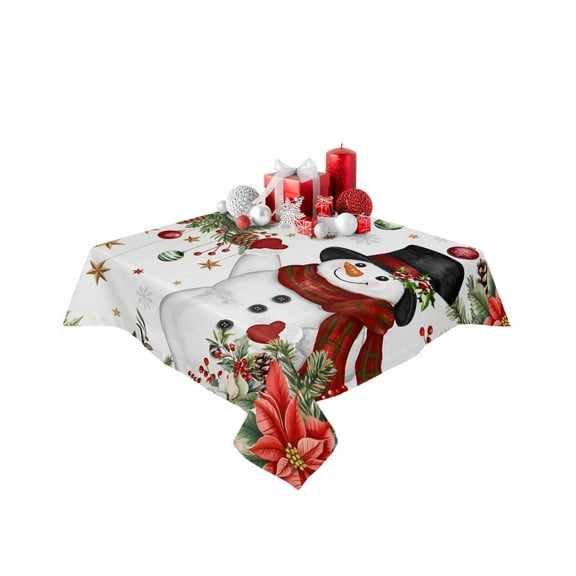 Square Tablecloth 54 x 54 Inches Vintage Christmas Snowman Poinsettia Bird Waterproof & Stain Resistance Table Cloth Decorative Fabric Table Cover for Dinning/Party/Buffet/Banquet