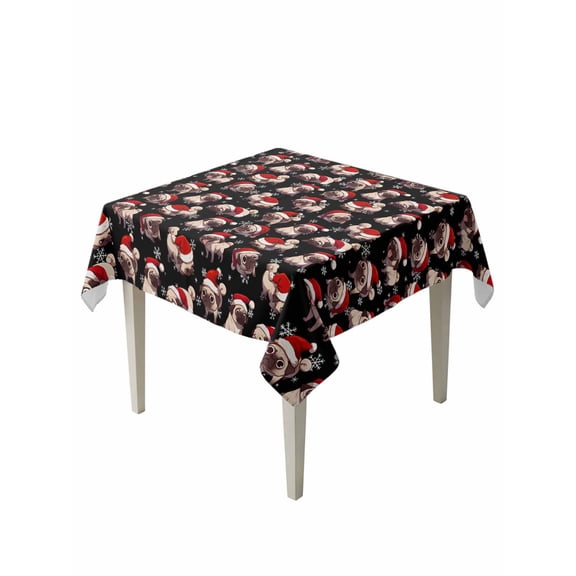 Square Tablecloth 54 x 54 Inches Winter Christmas Bulldog Santa Hat Black Waterproof & Stain Resistance Table Cloth Decorative Fabric Table Cover for Dinning/Party/Buffet/Banquet