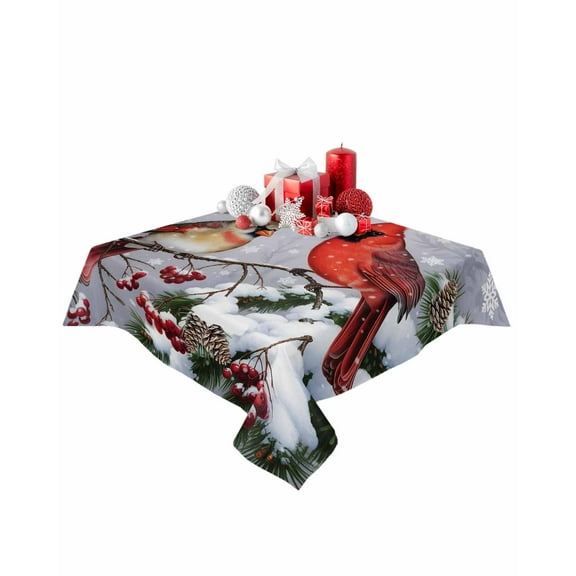 Square Tablecloth 54 x 54 Inches Winter Christmas Cardinal Red Berry Snowflakes Waterproof & Stain Resistance Table Cloth Decorative Fabric Table Cover for Dinning/Party/Buffet/Banquet