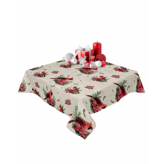 Square Tablecloth 54 x 54 Inches Winter Christmas Cardinals Poinsettia Waterproof & Stain Resistance Table Cloth Decorative Fabric Table Cover for Dinning/Party/Buffet/Banquet