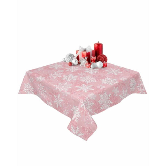 Square Tablecloth 54 x 54 Inches Winter Christmas Classic Snowflakes Pink Waterproof & Stain Resistance Table Cloth Decorative Fabric Table Cover for Dinning/Party/Buffet/Banquet