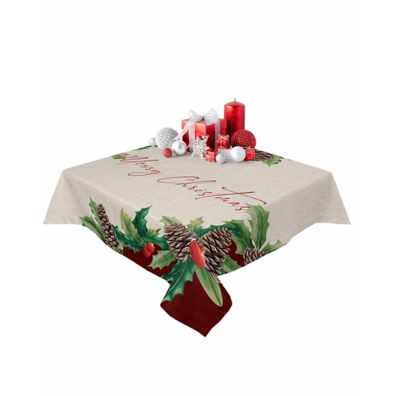 Square Tablecloth 54 x 54 Inches Winter Christmas Pine Cone Holly Leaves Berry Waterproof & Stain Resistance Table Cloth Decorative Fabric Table Cover for Dinning/Party/Buffet/Banquet