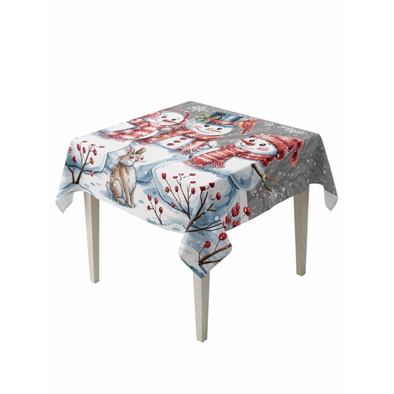 Square Tablecloth 54 x 54 Inches Winter Christmas Snowman Red Berry Gray Waterproof & Stain Resistance Table Cloth Decorative Fabric Table Cover for Dinning/Party/Buffet/Banquet