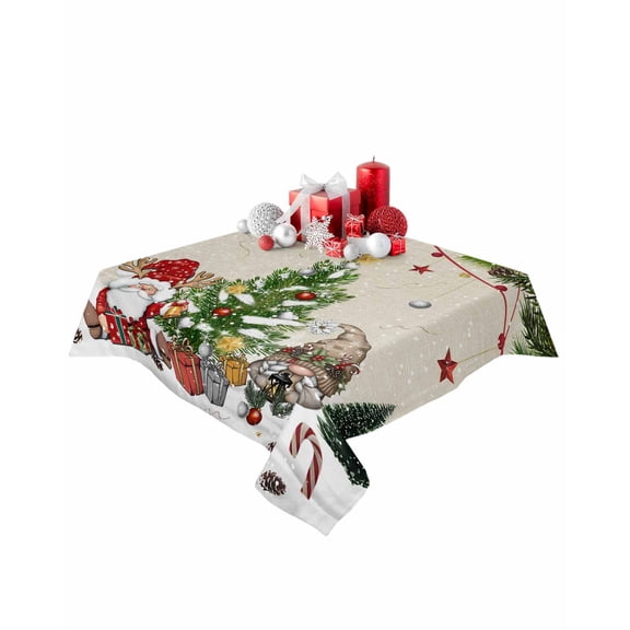 Square Tablecloth 54 x 54 Inches Winter Gnomes Christmas Tree Linen Texture Waterproof & Stain Resistance Table Cloth Decorative Fabric Table Cover for Dinning/Party/Buffet/Banquet