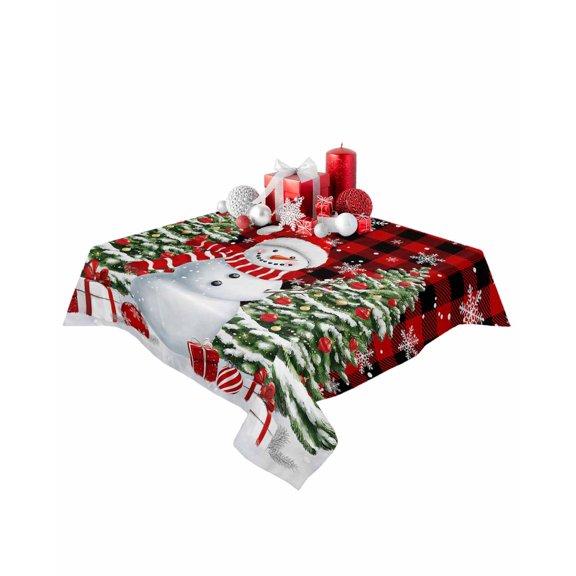 Square Tablecloth 54 x 54 Inches Winter Snowman Christmas Trees Gift Plaid Waterproof & Stain Resistance Table Cloth Decorative Fabric Table Cover for Dinning/Party/Buffet/Banquet