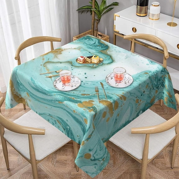 Square Tablecloth 54x54 Inch, Teal and Gold Marble Polyester Table Cloth for Parties Decorative Waterproof Farmhouse Oil-Proof Fabric Farmhouse Table Covers for Kitchen Dinning Indoor Room