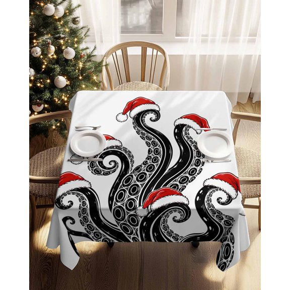Square Tablecloth-54x54in,Abstract Octopus Festive Whimsy Waterproof Table Cloth Kitchen Dining Tables Cover for Indoor Outdoor Wedding Holiday Party,Red Christmas Hat
