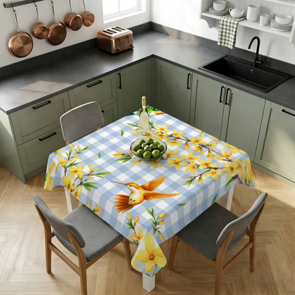 Square Tablecloth-54x54in,Autumn Spreaded Flowers Waterproof Table Cloth Kitchen Dining Tables Cover for Indoor Outdoor Wedding Holiday Party,Birds Blue White Check