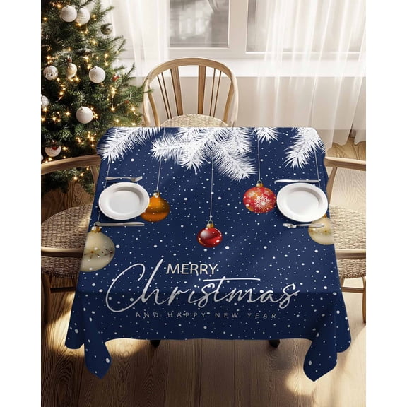 Square Tablecloth-54x54in,Christmas Ball Silver Pine Needle Waterproof Table Cloth Kitchen Dining Tables Cover for Indoor Outdoor Wedding Holiday Party,Winter Snowflakes on Navy Blue