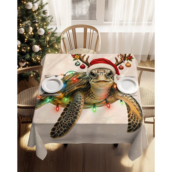 Square Tablecloth-54x54in,Christmas Sea Turtle Waterproof Table Cloth Kitchen Dining Tables Cover for Indoor Outdoor Wedding Holiday Party,Winter Ocean Creature Snowflake