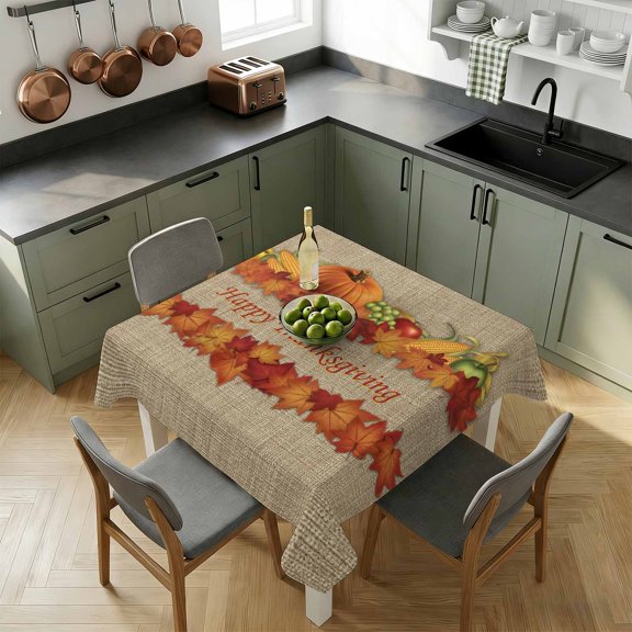 Square Tablecloth-54x54in,Retro Autumn Pumpkin Corn Waterproof Table Cloth Kitchen Dining Tables Cover for Indoor Outdoor Wedding Holiday Party,Maple Leaf on Linen