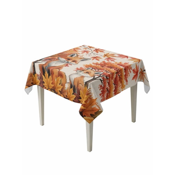 Square Tablecloth 60 x 60 Inches Autumn Thanksgiving Fox Maple Leaves Waterproof & Stain Resistance Table Cloth Decorative Fabric Table Cover for Dinning/Party/Buffet/Banquet