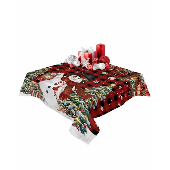 Square Tablecloth 60 x 60 Inches Christmas Snowman Xmas Trees Poinsettia Plaid Waterproof & Stain Resistance Table Cloth Decorative Fabric Table Cover for Dinning/Party/Buffet/Banquet