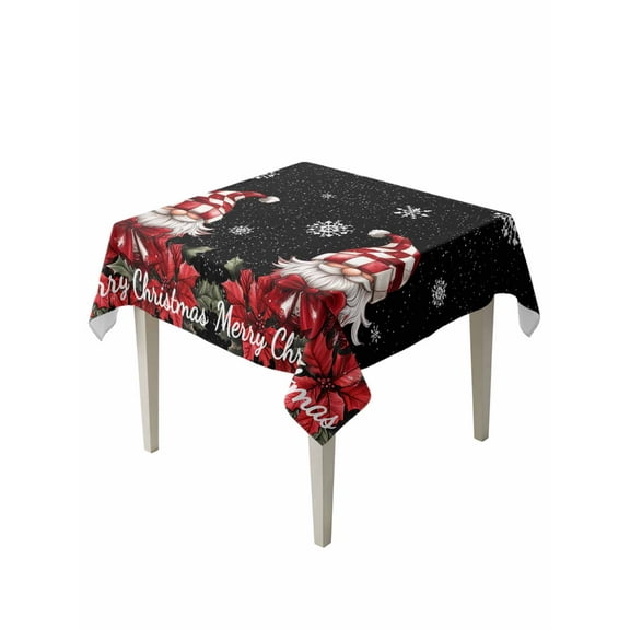 Square Tablecloth 60 x 60 Inches Merry Christmas Poinsettia Red Gnome Snowflake Black Style Waterproof & Stain Resistance Table Cloth Decorative Fabric Table Cover for Dinning/Party/Buffet/Banquet
