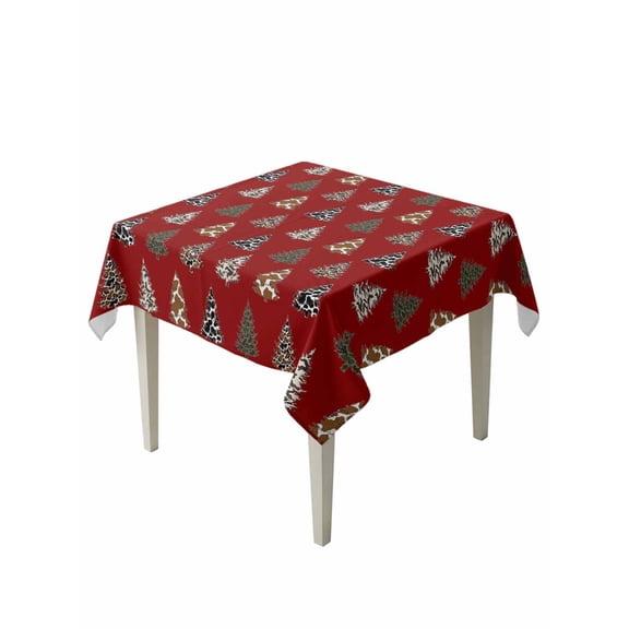 Square Tablecloth 60 x 60 Inches Western Christmas Leopard Xmas Tree Red Waterproof & Stain Resistance Table Cloth Decorative Fabric Table Cover for Dinning/Party/Buffet/Banquet