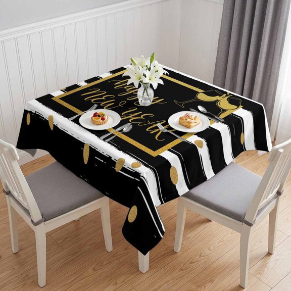Square Tablecloth-60x60in,Happy New Year Words Waterproof Table Cloth Kitchen Dining Tables Cover for Indoor Outdoor Wedding Holiday Party,Black White Striped Champagne