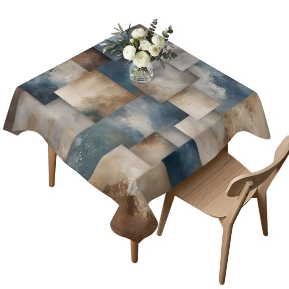 Square Tablecloth, Abstract Cloud Sky Block Waterproof Table Cloth 54x54 in Vintage Tan Blue Square Splicing Washable Spillproof Table Cover for Kitchen Dining Party Decor Outdoor Camping