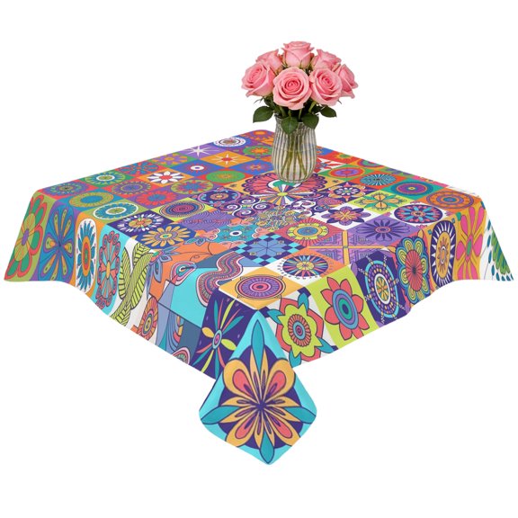 Square Tablecloth,Abstract Ethnic Patchwork Waterproof Oil-Proof Table Cloth Kitchen Dining Tables Cover for Indoor Outdoor Wedding Holiday Party Decor,Boho Indian Geometric Flower