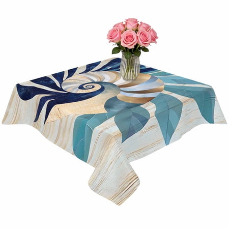 Square Tablecloth,Abstract Ocean Conch Leaves Waterproof Oil-Proof Table Cloth Kitchen Dining Tables Cover for Indoor Outdoor Wedding Holiday Party Decor,Blue Teal Foliage Marine Theme