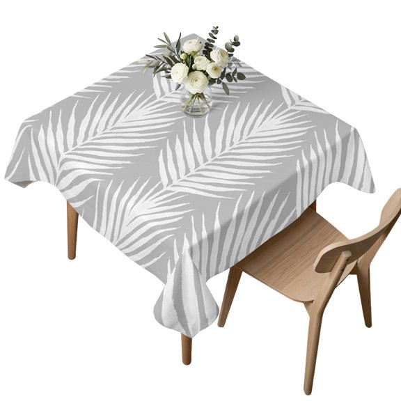Square Tablecloth, Abstract Palm Leaves Texture Waterproof Table Cloth 54x54 in White Gray Botanical Foliage Washable Spillproof Table Cover for Kitchen Dining Party Decor Outdoor Camping