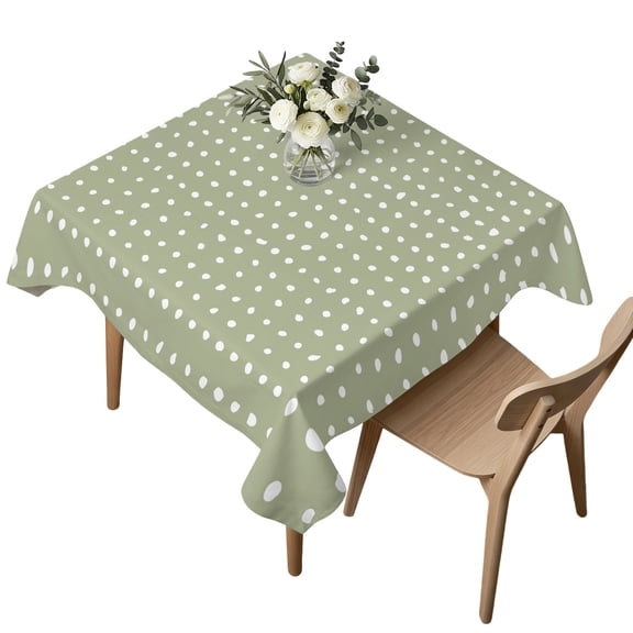 Square Tablecloth, Abstract White Polka Dot Waterproof Table Cloth 60x60 in Geometric Art on Sage Green Washable Spillproof Table Cover for Kitchen Dining Party Decor Outdoor Camping