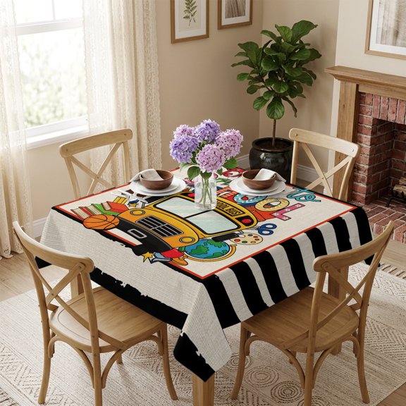 Square Tablecloth,Back To School Bus Book Brush Waterproof Oil-Proof Table Cloth Kitchen Dining Tables Cover for Indoor Outdoor Wedding Holiday Party Decor,Basketball Black Stripe Flax