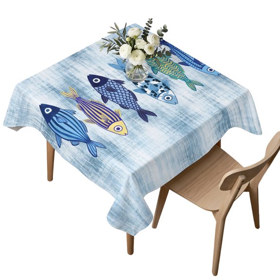 Square Tablecloth, Blue Ocean Colorful Fish Waterproof Table Cloth 54x54 in Nautical Boho Folk Art Washable Spillproof Table Cover for Kitchen Dining Party Decor Outdoor Camping