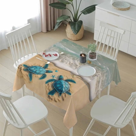 Square Tablecloth,Blue Sea Turtle Summer Beach Waterproof Oil-Proof Table Cloth Kitchen Dining Tables Cover for Indoor Outdoor Wedding Holiday Party Decor,Teal Green Ocean Waves