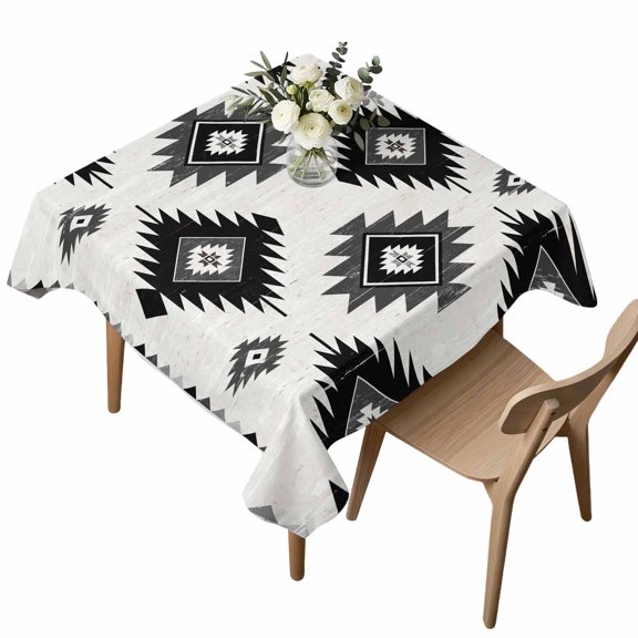 Square Tablecloth, Bohemian Aztec Geometric Black Gray Waterproof Table Cloth 54x54 in Vintage Boho Lattice Washable Spillproof Table Cover for Kitchen Dining Party Decor Outdoor Camping