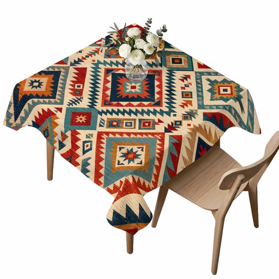 Square Tablecloth, Boho Color Block Diamond Lattice Waterproof Table Cloth 60x60 in Ethnic Tribal Style Washable Spillproof Table Cover for Kitchen Dining Party Decor Outdoor Camping
