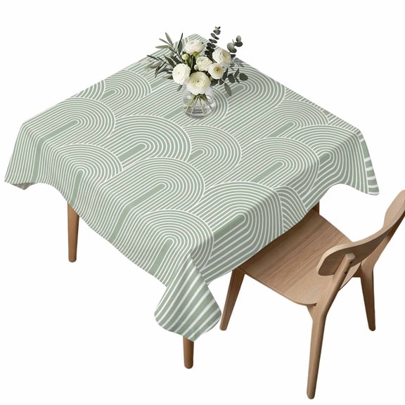 Square Tablecloth, Boho Sage Green Geometric Line Waterproof Table Cloth 60x60 in Vintage Mid Century Washable Spillproof Table Cover for Kitchen Dining Party Decor Outdoor Camping