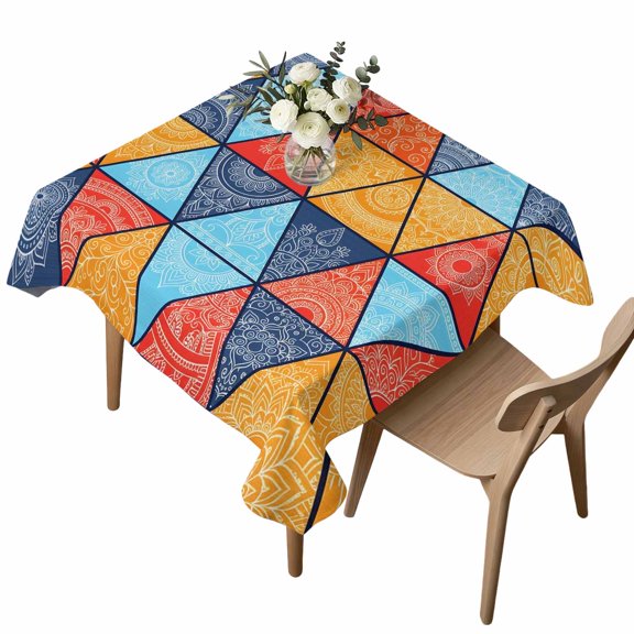 Square Tablecloth, Boho Triangle Color Block Waterproof Table Cloth 54x54 in Abstract Geometric Washable Spillproof Table Cover for Kitchen Dining Party Decor Outdoor Camping