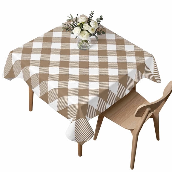 Square Tablecloth, Brown and White Plaid Waterproof Table Cloth 60x60 in Farm Lattice Washable Spillproof Table Cover for Kitchen Dining Party Decor Outdoor Camping