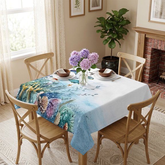 Square Tablecloth,Cartoon Fish Coral Summer Ocean Waterproof Oil-Proof Table Cloth Kitchen Dining Tables Cover for Indoor Outdoor Wedding Holiday Party Decor,Nautical Watercolor Leaf