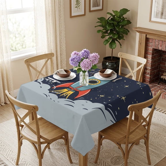 Square Tablecloth,Cartoon Space Rocket Launch Stars and Moon Waterproof Oil-Proof Table Cloth Kitchen Dining Tables Cover for Indoor Outdoor Wedding Holiday Party Decor,Outer Planet