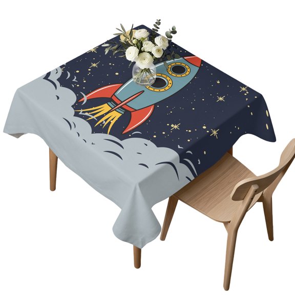 Square Tablecloth, Cartoon Space Rocket Launch Stars and Moon Waterproof Table Cloth 54x54 in Outer Planet Washable Spillproof Table Cover for Kitchen Dining Party Decor Outdoor Camping