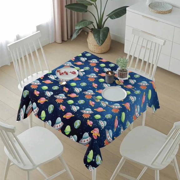 Square Tablecloth,Cartoon Spaceship Dream Planet Waterproof Oil-Proof Table Cloth Kitchen Dining Tables Cover for Indoor Outdoor Wedding Holiday Party Decor,Outer Space Stars Moon