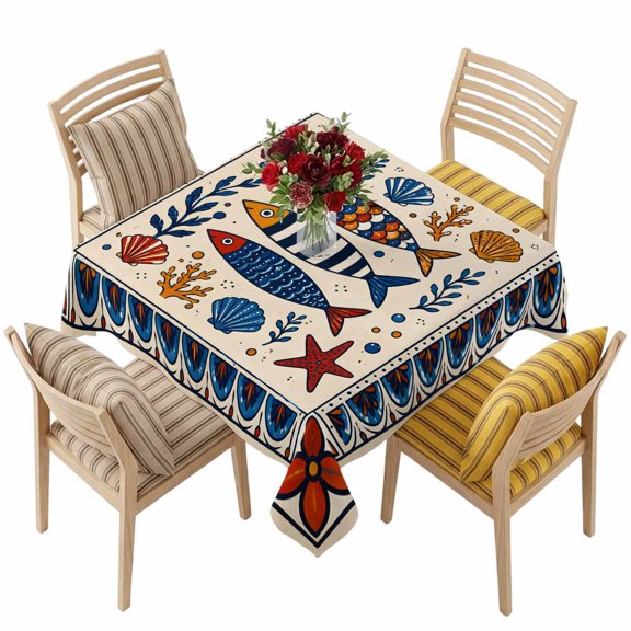 Square Tablecloth,Coastal Mediterranean Fish Waterproof Oil-Proof Table Cloth Kitchen Dining Tables Cover for Indoor Outdoor Wedding Holiday Party Decor,Marine Life Starfish Corals
