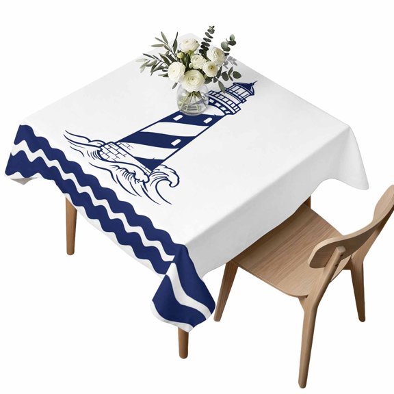 Square Tablecloth, Coastal Nautical Lighthouse Sea Wave Waterproof Table Cloth 54x54 in Navy Blue Water Ripple Washable Spillproof Table Cover for Kitchen Dining Party Decor Outdoor Camping