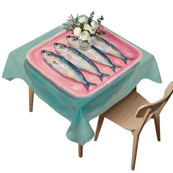 Square Tablecloth, Coastal Nautical Sardine Fish Waterproof Table Cloth 54x54 in Vintage Farmhouse Washable Spillproof Table Cover for Kitchen Dining Party Decor Outdoor Camping