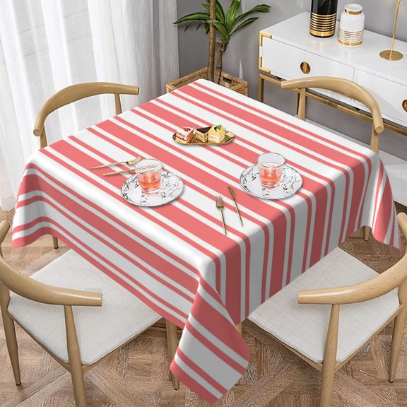 Square Tablecloth Coral and White Candy Stripes Table Cover Washable Table Cloths for Kitchen Dinning Party Tabletop Modern Decoration 52 x 52inch