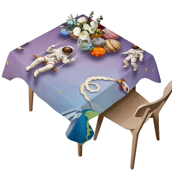 Square Tablecloth, Cosmonaut Planet Balloon Space Shuttle Waterproof Table Cloth 60x60 in Cartoon Outer Space Star Washable Spillproof Table Cover for Kitchen Dining Party Decor Outdoor Camping