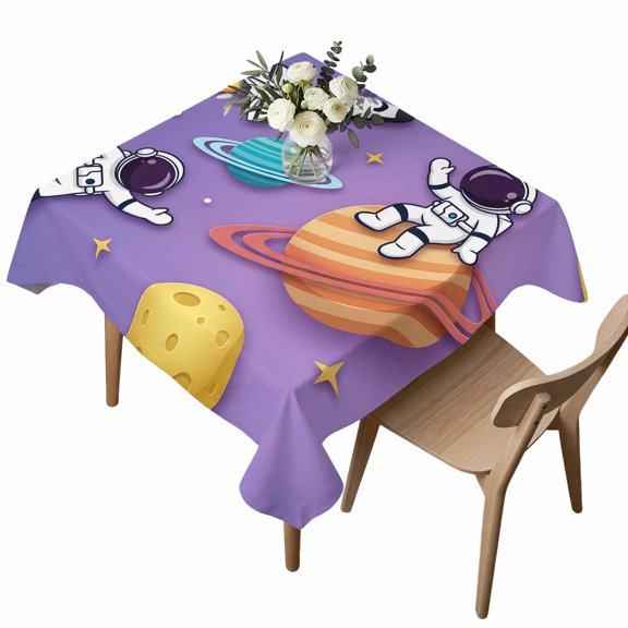 Square Tablecloth, Cosmonaut Planet Rocket Ship Waterproof Table Cloth 60x60 in Cartoon Outer Space Purple Washable Spillproof Table Cover for Kitchen Dining Party Decor Outdoor Camping