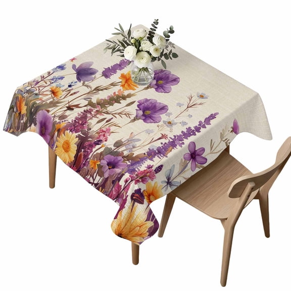 Square Tablecloth, Country Flower Purple Lavender Plant Waterproof Table Cloth 60x60 in Retro Linen Washable Spillproof Table Cover for Kitchen Dining Party Decor Outdoor Camping