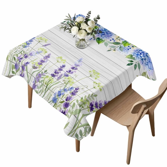 Square Tablecloth, Country Lavender Hydrangea Waterproof Table Cloth 60x60 in Pastoral Flower Leaf Wood Plank Washable Spillproof Table Cover for Kitchen Dining Party Decor Outdoor Camping